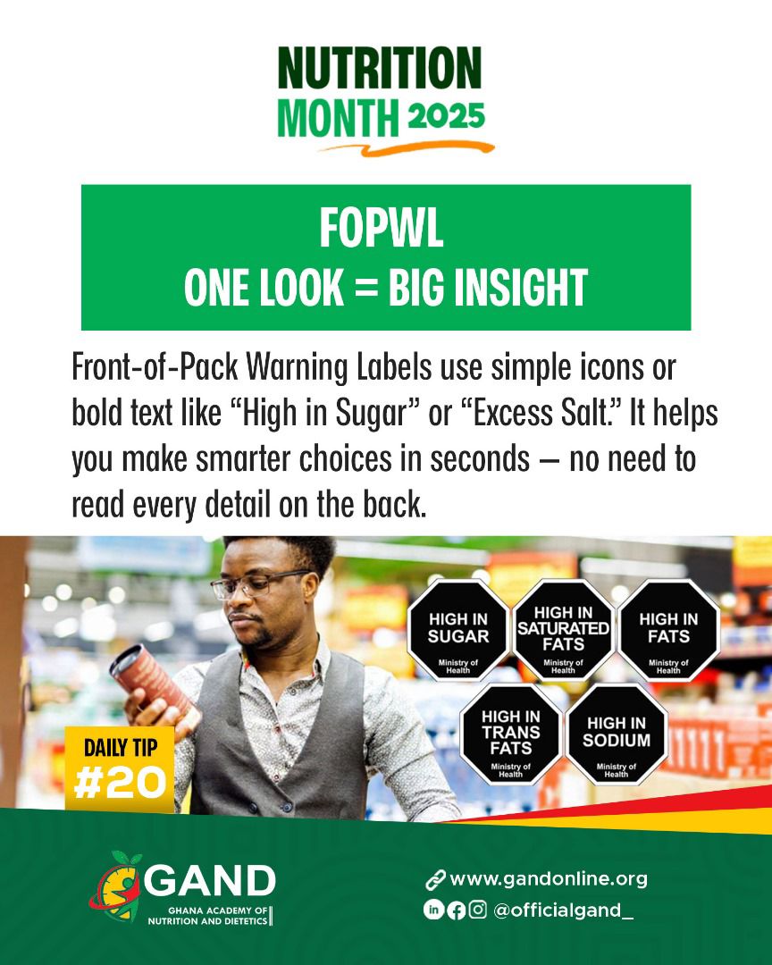 Day 20 🔥 
📌 FOPWL: One Look= Big Insight 

✅ A brief glance leads to more informed shopping.  
💡 Keep an eye out for labels that indicate:  
▪ High in Sugar  
▪ High in Saturated Fats  
▪ High in Sodium  
▪ High in Trans Fats  
#NNM2025 #GAND #FOPWL #SmartShopping
