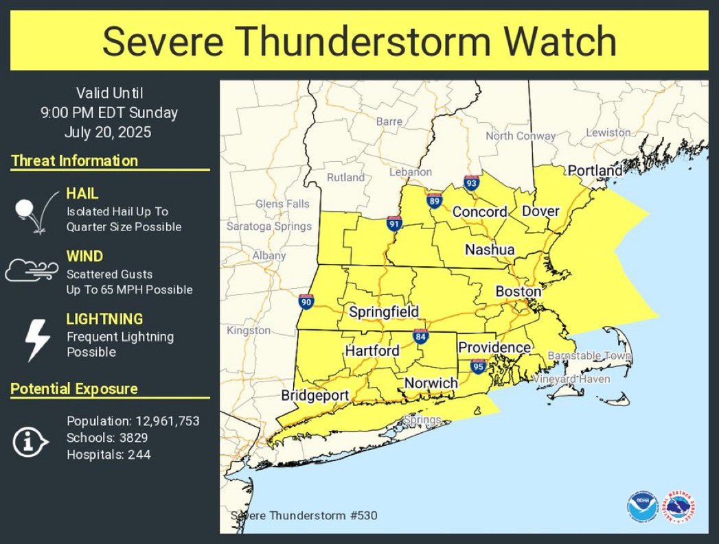 MassachusettsWx's tweet image. A Severe Thunderstorm Watch has been issued for most of MA, CT, RI, southern Vermont and New Hampshire up until 9PM EDT.