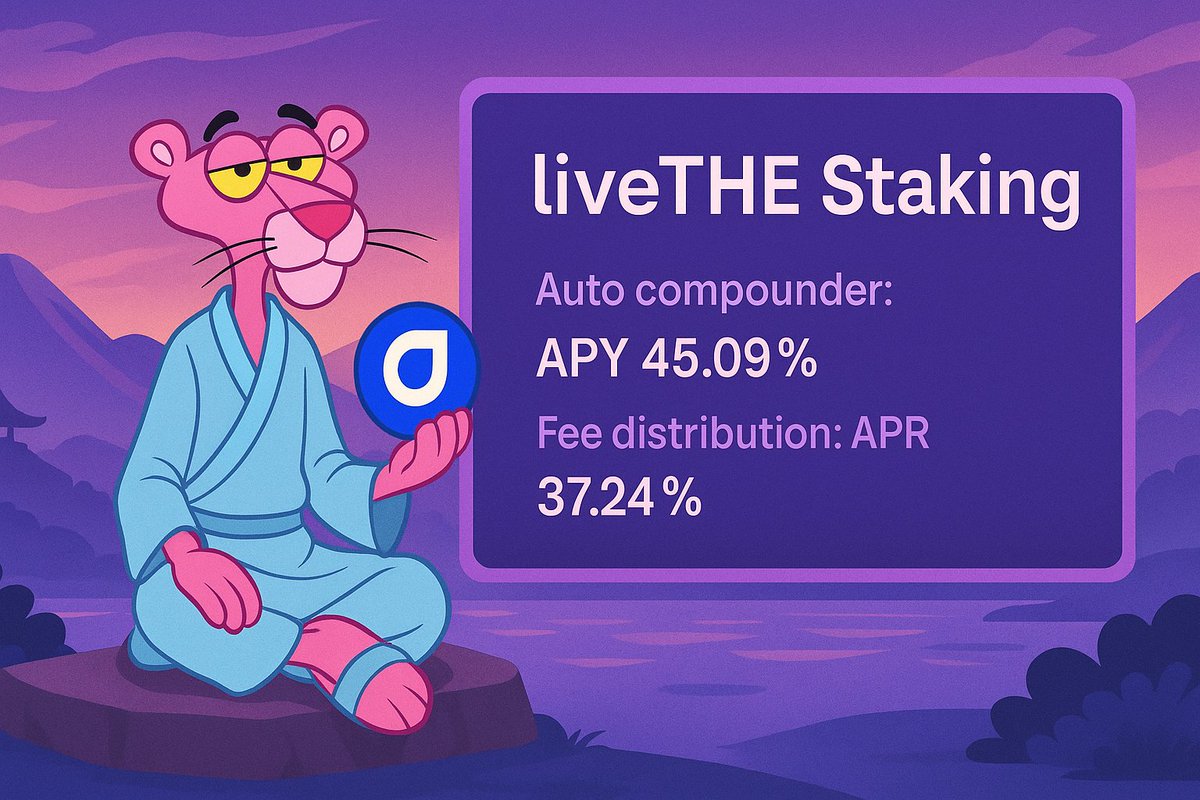 Ez_ra8's tweet photo. 4/ liveTHE STAKING
Buy some $THE
Swap #THE into #liveTHE on https://t.co/J8WqooICVI
Stake it on https://t.co/7hknAiAB5S
Panther says : 'Strategy to Survive Market Volatility!'
Also you can select
liveTHE Fee Distributor APR
45.09%
liveTHE Auto-Compounder APY
37.24%