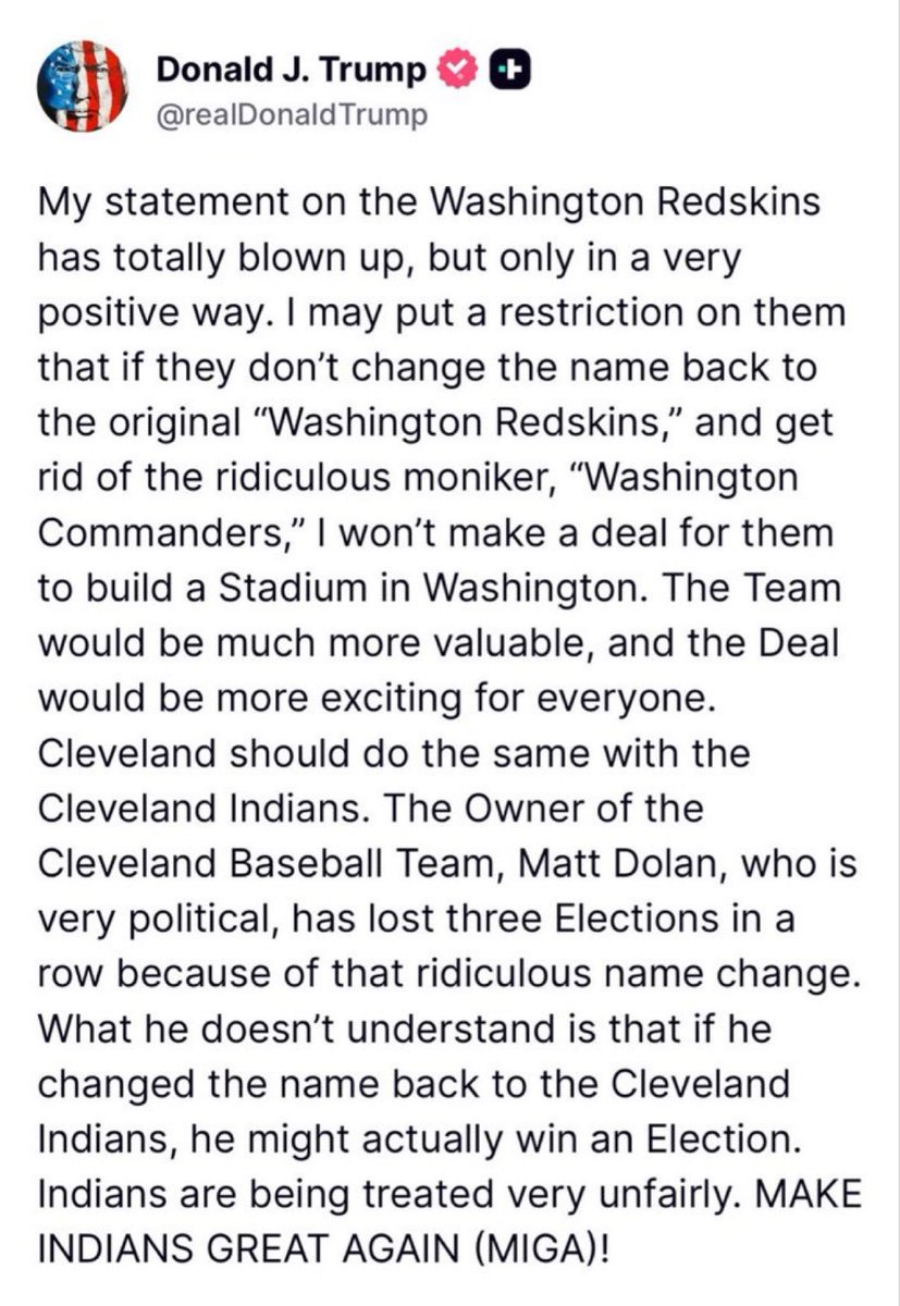 SonnyBunch's tweet image. The only real conclusion to be drawn from Trump playing culture war hits like “bring the Redskins back” is that he is terrified of the Epstein stuff and terrified of losing his base by refusing to release the files.