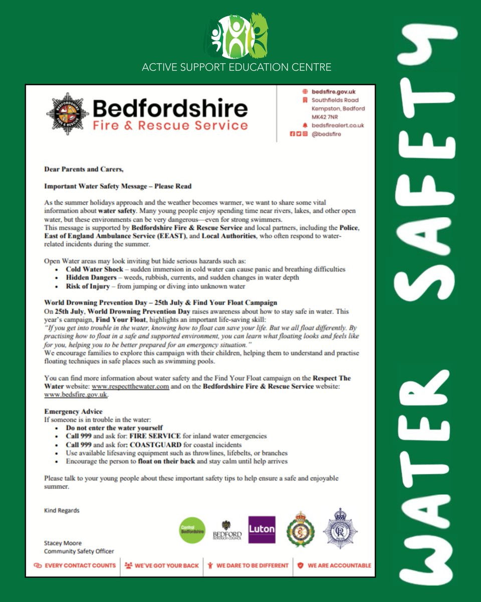 Water Safety 💧  

As the summer holidays approach and the weather becomes warmer, we want to share some vital information about water safety.   

For the safety of your children - Please take a moment to visit: bedsfire.gov.uk/water-safety-a…

#watersafety #watersafe #kidssafety #luton