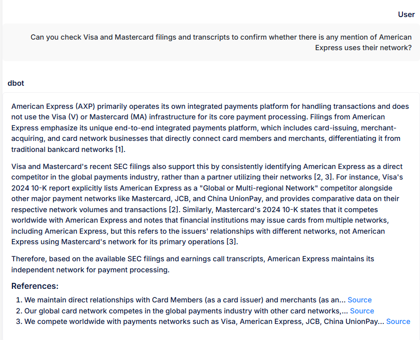 dfin_pro's tweet image. Just had a discussion with someone about Visa &amp;amp; Mastercard and whether other services use their networks or not. 

A quick discussion with dbot confirmed (with direct links to SEC filings only)  that AXP is fully independent of the V/MA infrastructure. References are filings and…