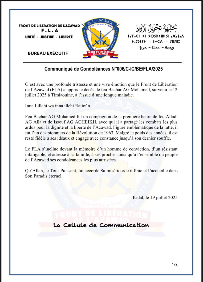 FLAZAWAD's tweet image. Condoléances Feu Albachar Ag Mohamed #FLA