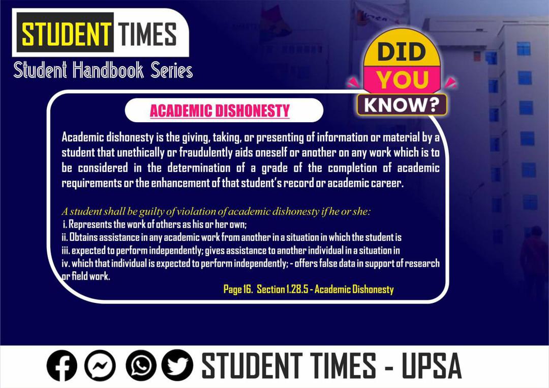 UpsaTimes's tweet photo. Today on #StudentsHandbook Diary
Academic dishonesty is the giving, taking, or presenting of information or material by a student that unethically or fraudulently aids oneself or another on any work which is to be considered in the determination of a grade. https://t.co/E6UthNFmfO