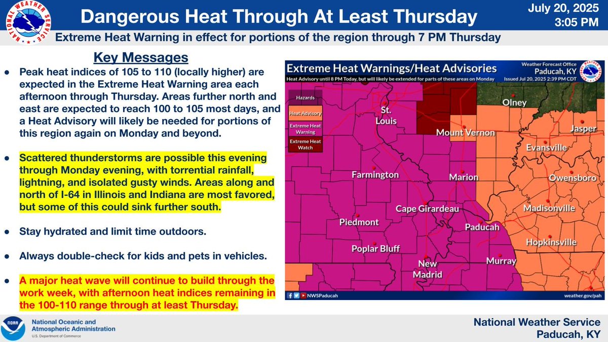 NWSPaducah's tweet image. Dangerous heat and humidity will be the main story this coming wk. An Extreme Heat Warning is now in effect thru 7 PM Thurs for a good chunk of the region. We likely will need additional heat headlines further east Mon and beyond, but scattered storms complicate things a bit.