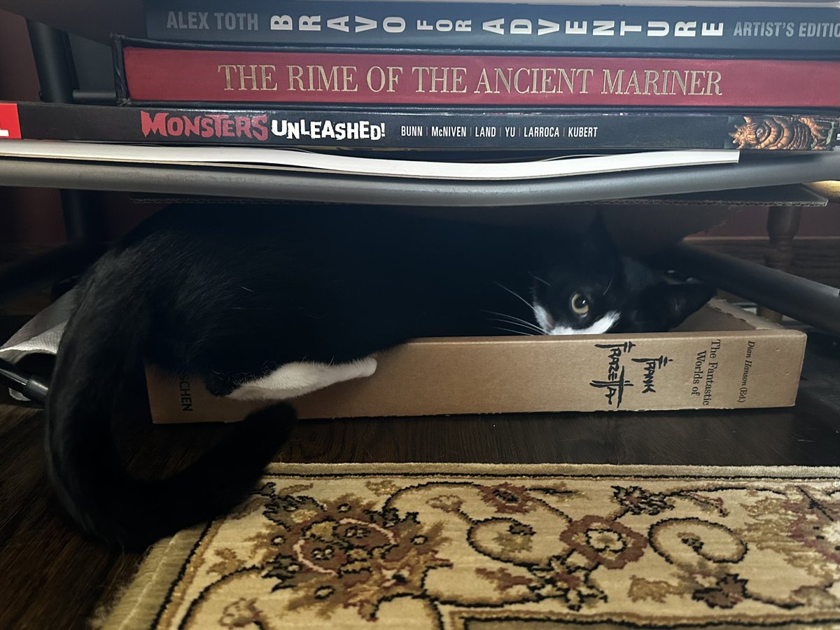 BillWillingham's tweet image. Cat who haunts my art room says: “When you die, Old Man, these are mine.”