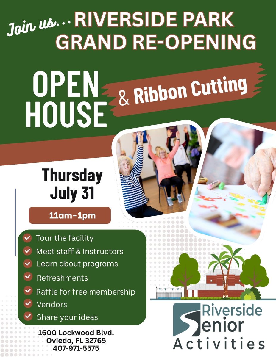 Open House / Ribbon Cutting (grand re-opening) at Riverside Park coming soon! 407-971-5575