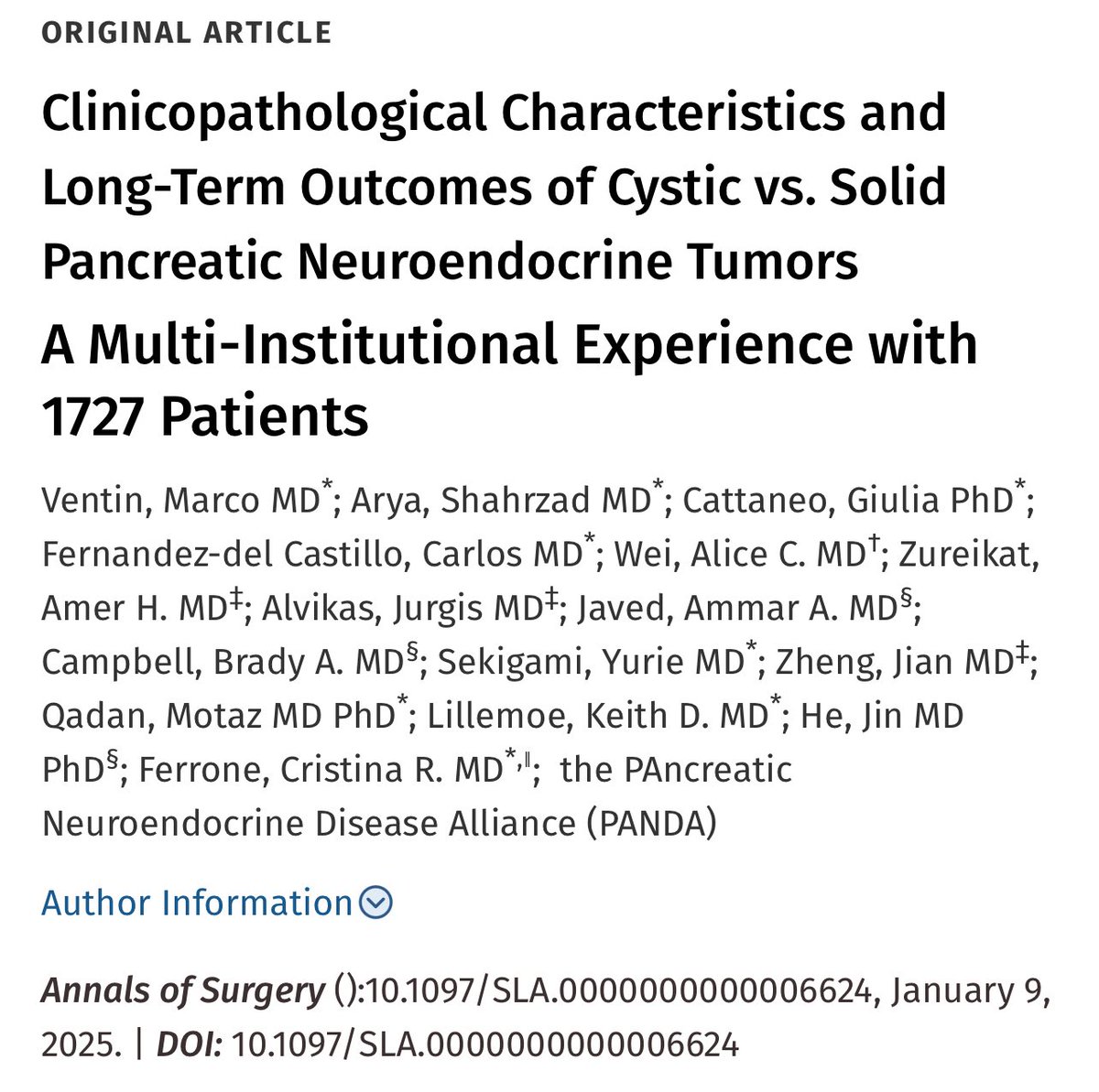 Marco Ventin (@mventinmd) on Twitter photo We analyzed long term outcomes of cystic vs solid PanNETs. Low LN met and recurrence rate, with favourable survival for cystic PanNETs regardless of tumor size (</> 3 cm) support LN/parenchyma sparing operations, and observation in high risk surgical patients.
<a href="/AnnalsofSurgery/">Annals of Surgery</a> We analyzed long term outcomes of cystic vs solid PanNETs. Low LN met and recurrence rate, with favourable survival for cystic PanNETs regardless of tumor size (</> 3 cm) support LN/parenchyma sparing operations, and observation in high risk surgical patients.
<a href="/AnnalsofSurgery/">Annals of Surgery</a>