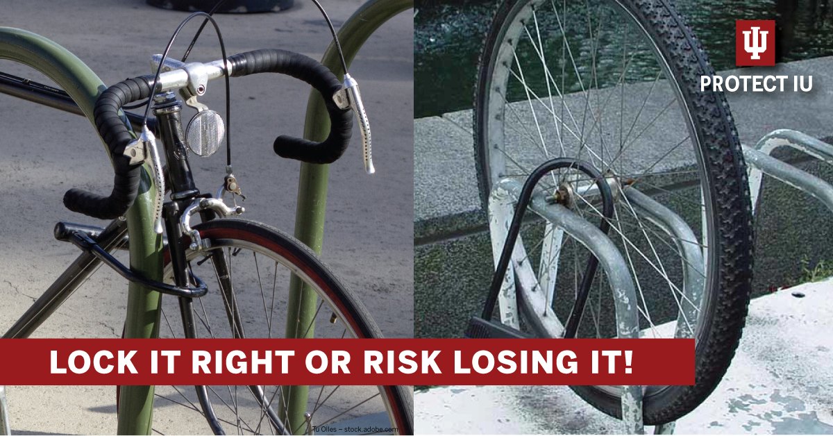 IndianaUniv's tweet image. Don't be an easy target! Use caution when bringing your bike/scooter on campus:
🛴ALWAYS lock your item (In a well-lit area, if available)
🔐Use at least one U-style lock (Contact IUPD for a free one!)
✍️Record the make, model, and serial number of your item
Take the extra…