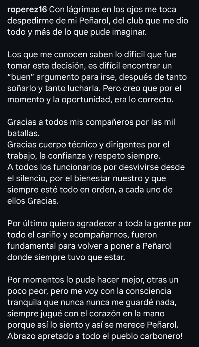 Así se despide el jugador hincha. Él que no sabían quien era y terminó siendo Campeón Uruguayo y semifinalista de Copa Libertadores con el club de sus amores. 

Muchos éxitos Rodrigo y nos vemos a la vuelta 💪🏻🟡⚫️