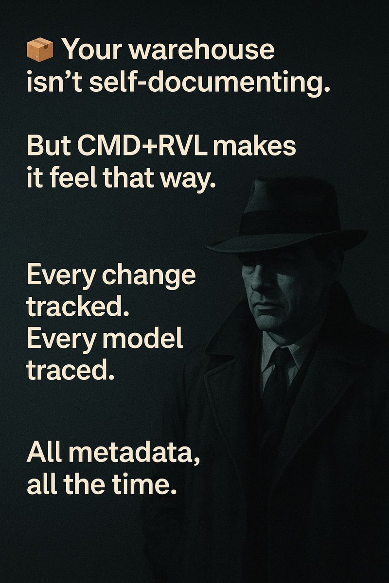 cmdrvl's tweet image. 📦 Your warehouse isn’t self-documenting.
But CMD+RVL makes it feel that way.
Every change tracked. Every model traced.
All metadata, all the time.
#CmdRvl #AnalyticsEngineering #Dealcharts
🌐CmdRvl.com | commandreveal.substack.com