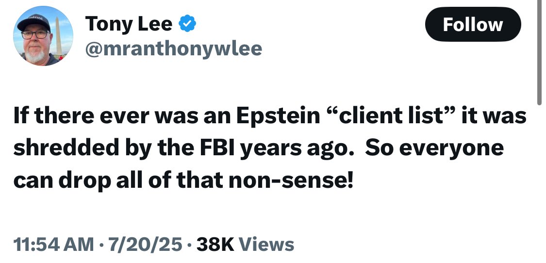 DonnyFerguson's tweet image. This, from an account with 134 followers that’s posted only twice since April, appeared in my feed as a paid ad.
They REALLY don’t want you asking to see the client list the White House repeatedly said was in their possession.