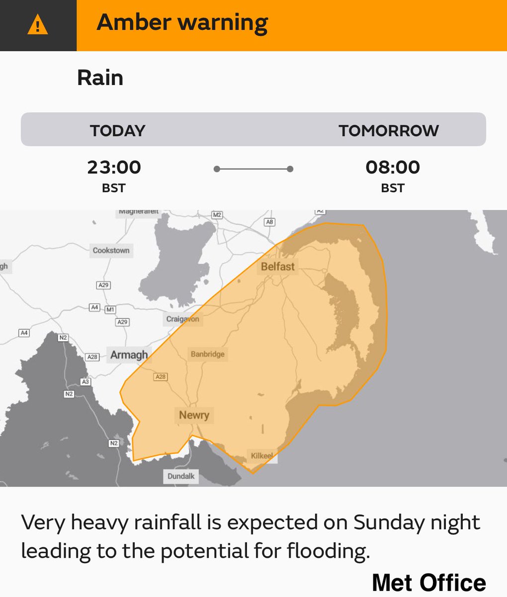 MetMattTaylor's tweet image. ⚠️ A Met Office AMBER🔶 warning for RAIN comes into force tonight across south-east Northern Ireland.
Some flooding and disruption likely.
I’ll have the latest on the situation on @BBCBreakfast from 6am.