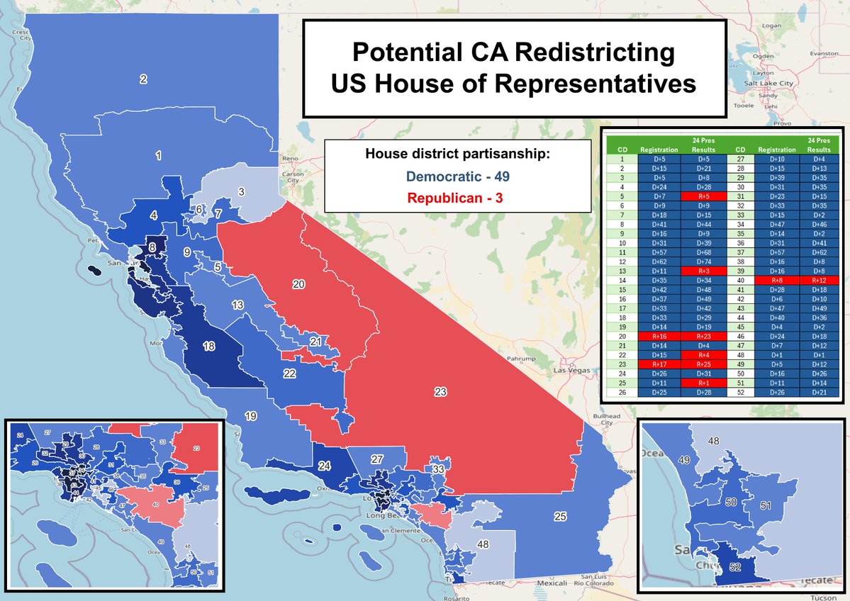 VanceUlrich's tweet image. A hypothetical CA 49-3 House Dem redraw:
Completely adheres to the Voting Rights Act and probably defeats 6 Republican incumbents.
Really up to incumbent House Dems about how aggressive they want to be, if there's a redraw and the legislature gets the power to draw it...