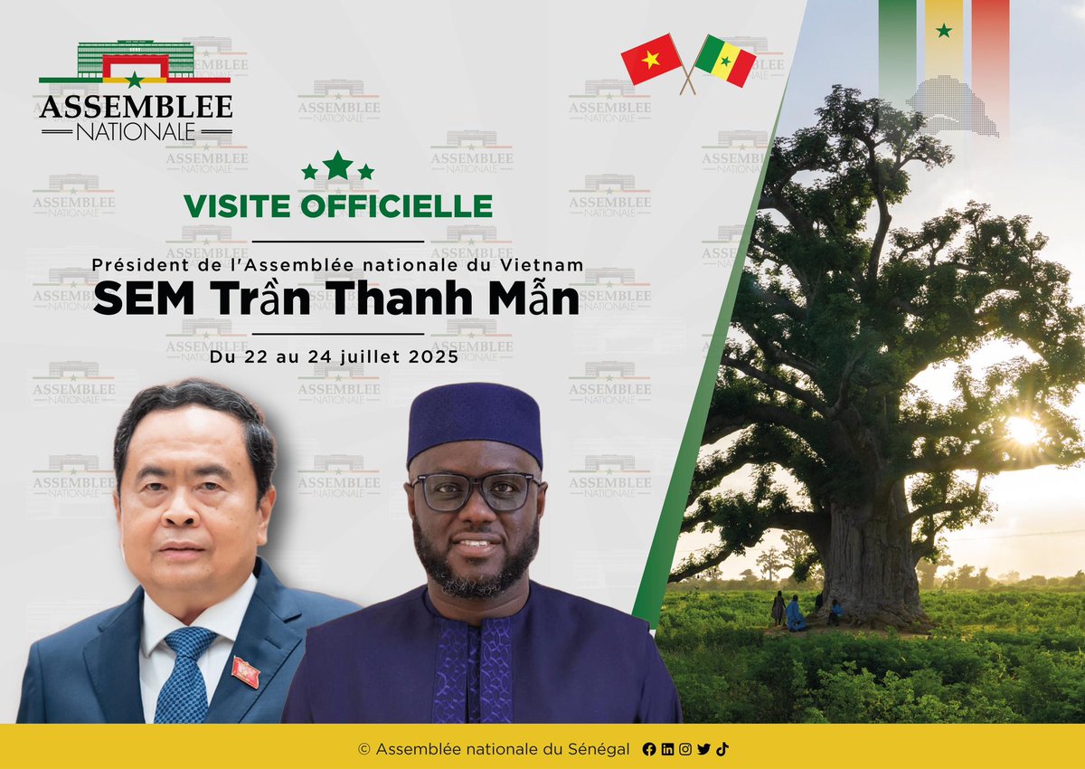 elmaalignjaay's tweet image. Je suis heureux d’accueillir au Sénégal, du 22 au 24 juillet 2025, mon homologue vietnamien, Son Excellence Monsieur Trân Thanh Mân, Président de l’Assemblée nationale de la République socialiste du Vietnam.
Il effectue cette visite officielle à la tête d’une délégation de haut…