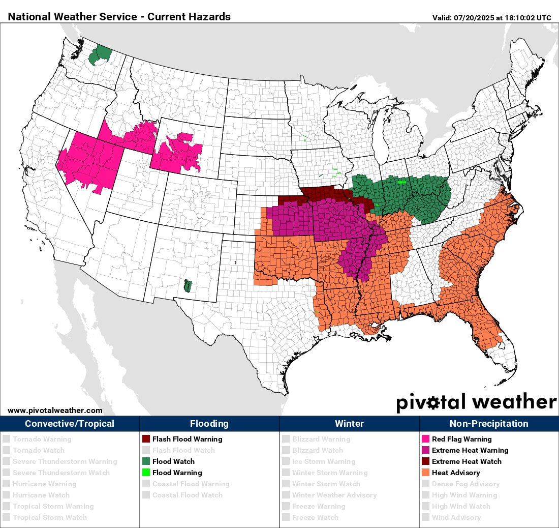 climateguyw's tweet image. On 7/20 major CAT3 #HeatwavePemex continued to strengthen. More watches and warnings were added in the Midwest as well as across the Southeast. Expect to see many high min records from Pemex this week. My heatwave criteria: guyonclimate.com/2025/04/12/ext… @olliemilman @BMcNoldy @KHayhoe
