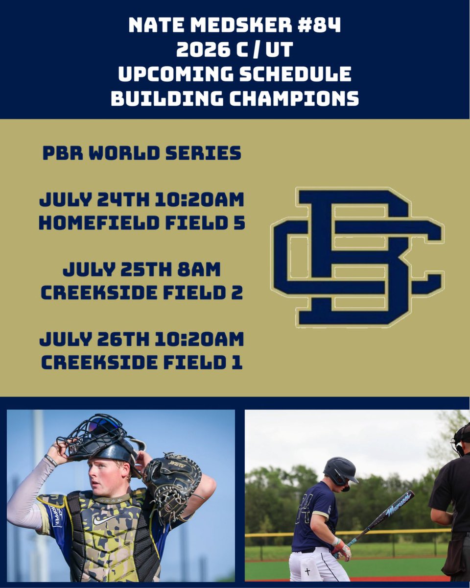 Nate Medsker (@nathanmedsker) on Twitter photo Schedule for this next weekend at the <a href="/PBRTournaments/">Prep Baseball Tournaments</a> Kansas City World Series. A great tournament to end the summer season.
<a href="/BCbaseballtoday/">Building Champions</a> <a href="/Drew_Olla/">Andrew Olla</a> <a href="/ljhatchpb/">LJ Hatch Prep Baseball KC</a> <a href="/PBR_Moulder/">Kevin Moulder</a> Schedule for this next weekend at the <a href="/PBRTournaments/">Prep Baseball Tournaments</a> Kansas City World Series. A great tournament to end the summer season.
<a href="/BCbaseballtoday/">Building Champions</a> <a href="/Drew_Olla/">Andrew Olla</a> <a href="/ljhatchpb/">LJ Hatch Prep Baseball KC</a> <a href="/PBR_Moulder/">Kevin Moulder</a>