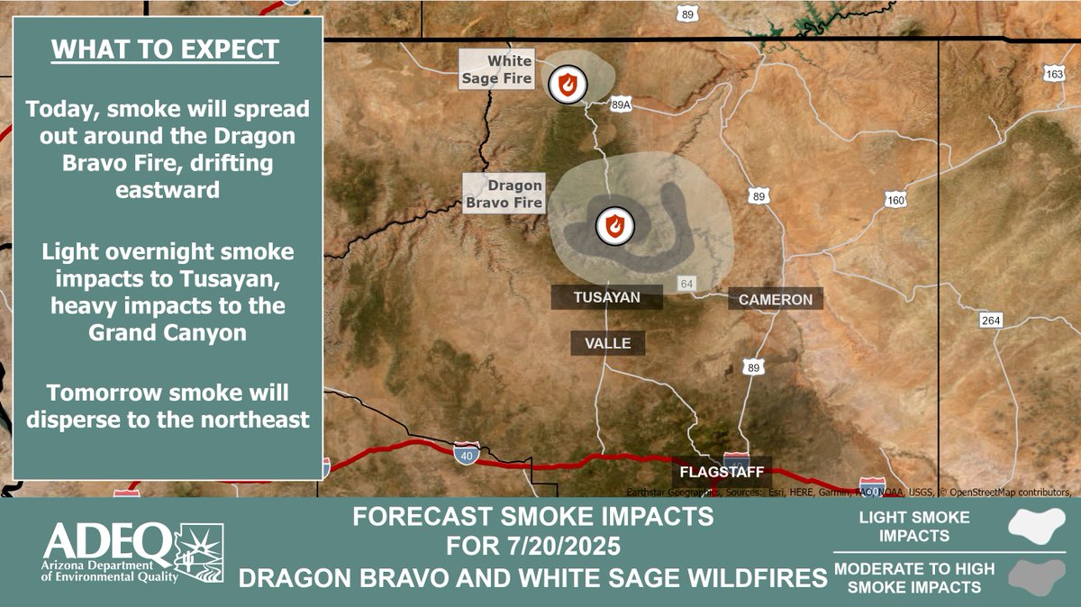 ArizonaDEQ's tweet image. 🚨ADEQ has UPDATED the #DragonBravo and #WhiteSage Wildfire Smoke Forecast.
See how #smoke is affecting your local community: #Tusayan #Cameron #Valle #Flagstaff 🔥
Learn More ➡️ azdeq.gov/wildfire/forec…
#AZFire #AZWildfire