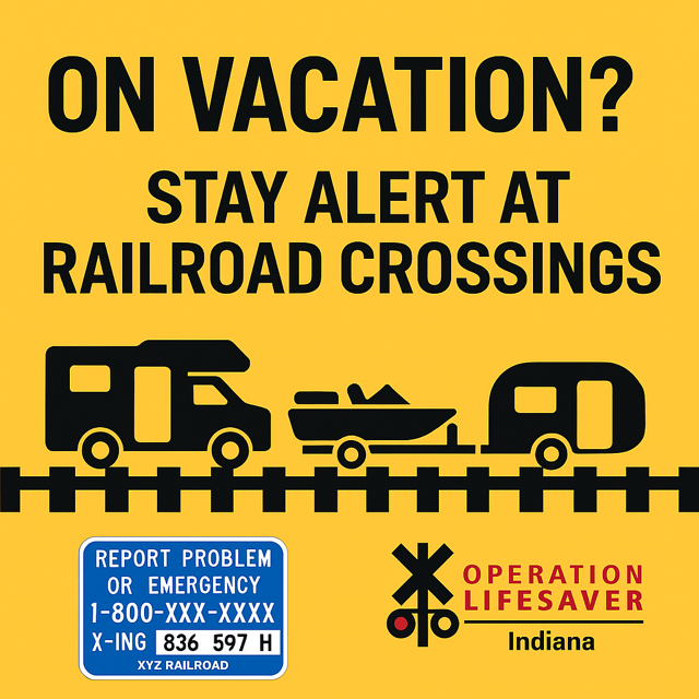 IndianaOpLife's tweet image. 🚐🌞 Headed out on vacation?
Your adventure can wait a few extra seconds—stay alert at every railroad crossing.
✅ Stop. Look. Listen.
✅ Never rush across the tracks, especially with a trailer or RV.
Let’s make sure your trip is safe from start to finish!
#RailSafety