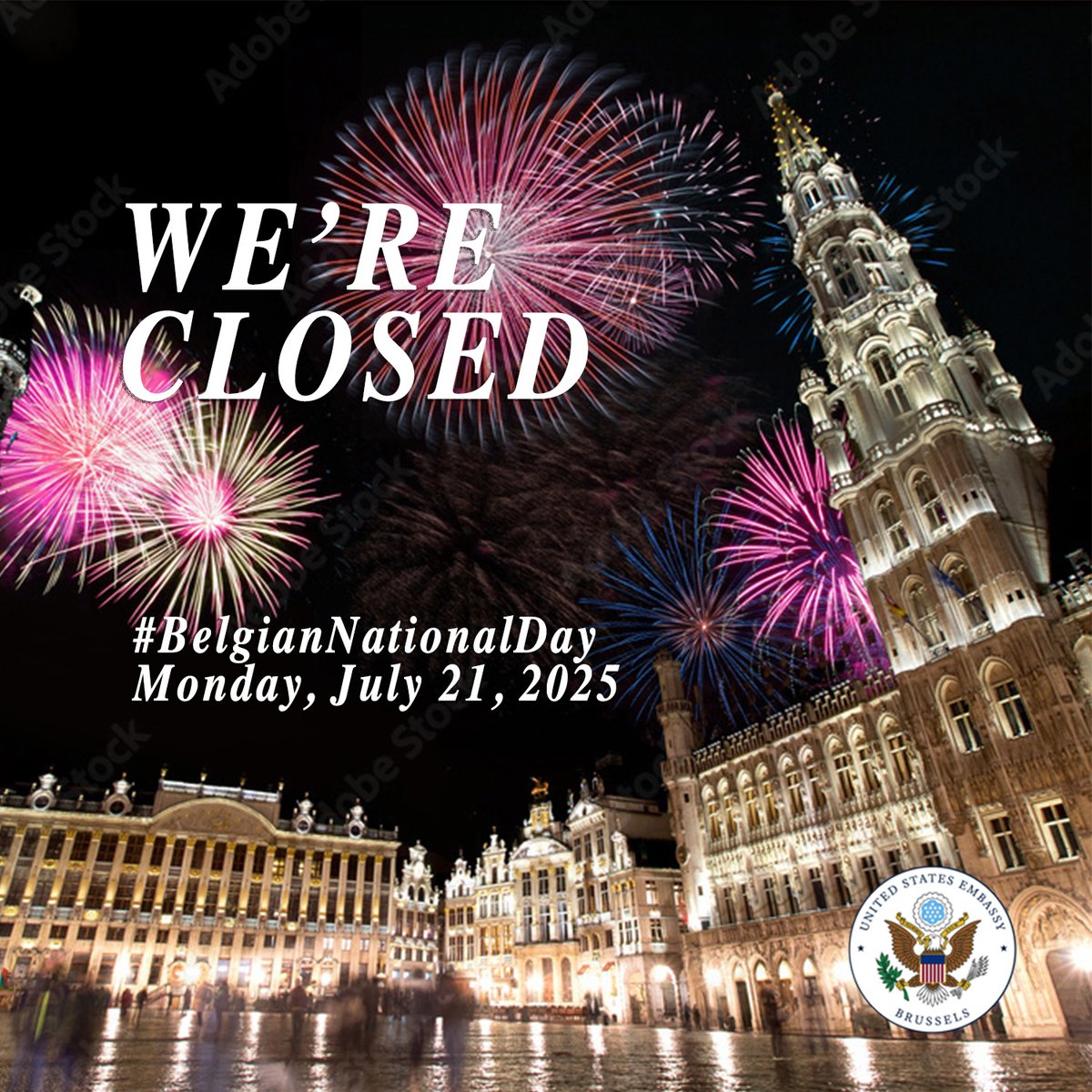 usembbrussels's tweet image. Please note that the Embassy will be closed on Monday, July 21, 2025, in observance of Belgin National Day. If you are a U.S. citizen with an emergency, please call (+32) (0) 2-811-4000. #BelgianNationalDay