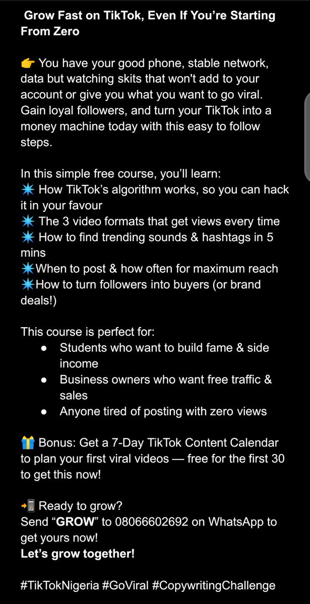 AdesusiTemitop4's tweet image. Day 20 of 45-day copywriting challenge. Your constructive criticism, advice and reviews are all welcome 🤗 
This course is created as part of my challenge to help you and I grow and have more sales on Tiktok 

#CopywritingChallenge #TiktotGrowth
