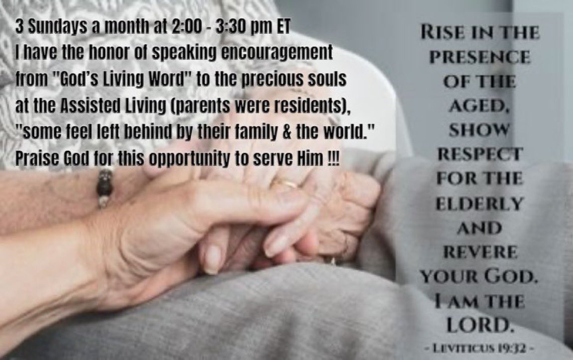 WeaponofPrayer's tweet image. I would appreciate 🙏for these dear elderly hearts, that they will be encouraged, for those who do not know Jesus would be drawn with open hearts unto Salvation. Also, the Holy Spirit will lead me to speak up, in clarity & repeat!
Thank you for your 🙏’s & encouragement ! ✝️❤️