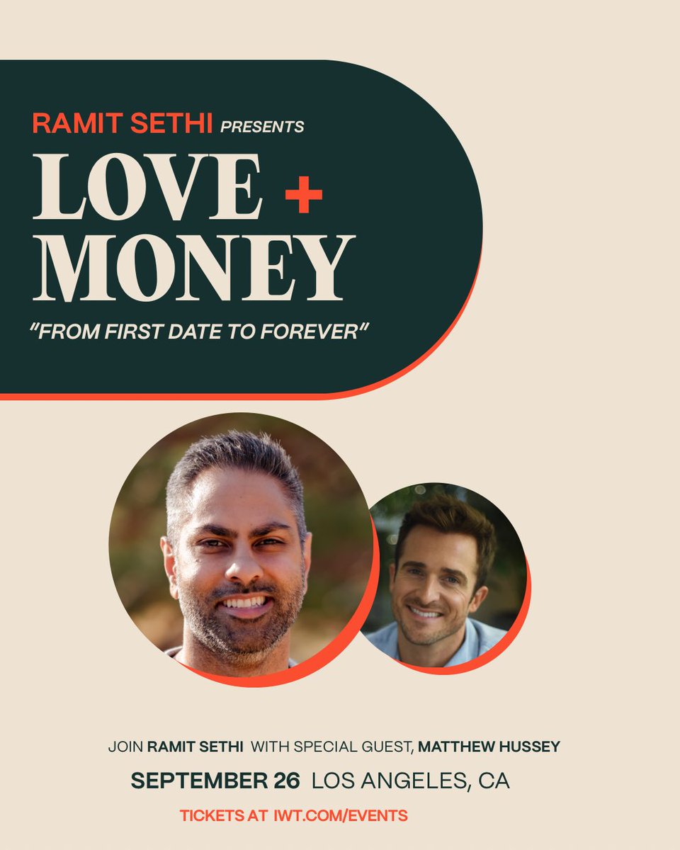 ramit's tweet image. What if talking about money didn’t bring you stress, shame, and guilt? What if it actually felt good? It can! That’s why I’m excited to host two events this September. Reserve your ticket at itw.com/events