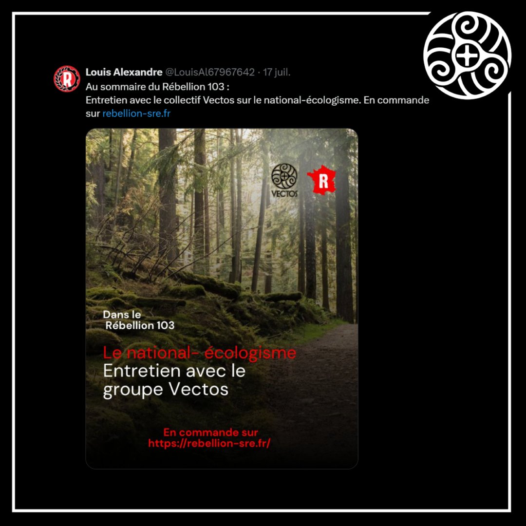 📰 Retrouvez-nous dans le numéro 103 du magazine Rébellion pour un entretien sur notre initiative. Pour vous le procurer : rebellion-sre.fr

👉🏻 Au programme : national-écologisme, nature et ordre naturel, autonomie et localisme.

Merci à la rédaction pour l'invitation !