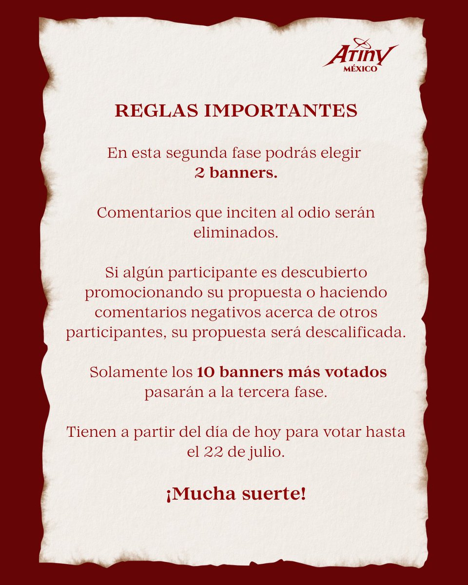 [📢] 2DA RONDA VOTACIÓN PARA EL DISEÑO DEL BANNER 🇲🇽

¡ATINY, gracias por tomarte el tiempo de votar por el banner para el concierto de ATEEZ en México! 🥹

🔗 forms.gle/BzEhmeiz26np9B…

VOTACIÓN 
🗓️ 20 al 22 julio

#InYourFantasy
#ATEEZ #에이티즈
#In_Your_Fantasy_Mexico