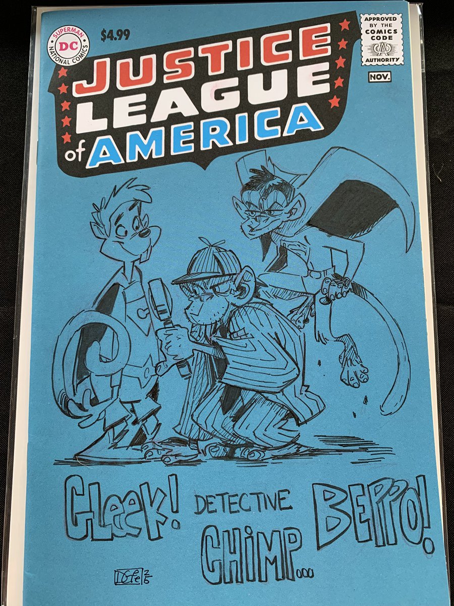 D__Gee's tweet image. Sketch cover commission from yesterday’s show in Cambridge. @retrorocketcomics.
I’ve never drawn/seen these characters before so it was a fun request.
#beppothesupermonkey #gleek #detectivechimp #dc #comics #sketchcover #commission