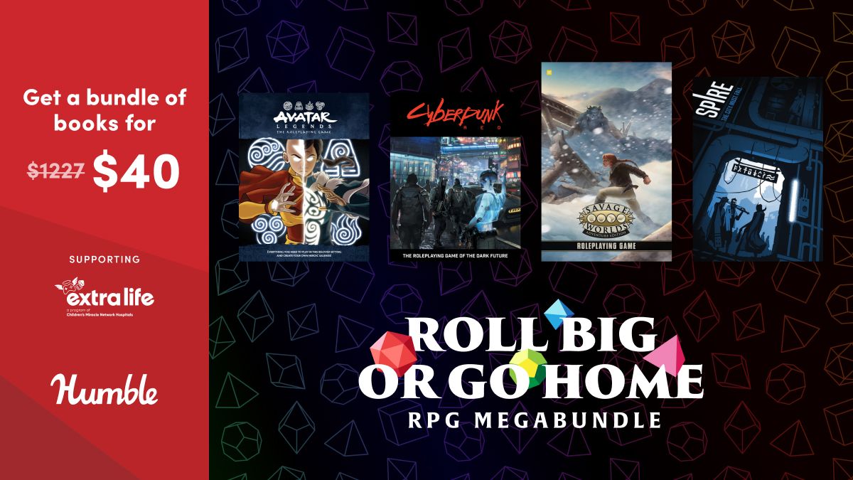 humble's tweet image. Last call on The Roll Big or Go Home RPG Mega Bundle! Don’t miss out on a giant collection of tabletop resources to get your game night going in franchises like:
- Avatar Legends: The Roleplaying Game
- Cyberpunk RED core
- Warhammer Fantasy Roleplay: Core Rulebook
- and more!…