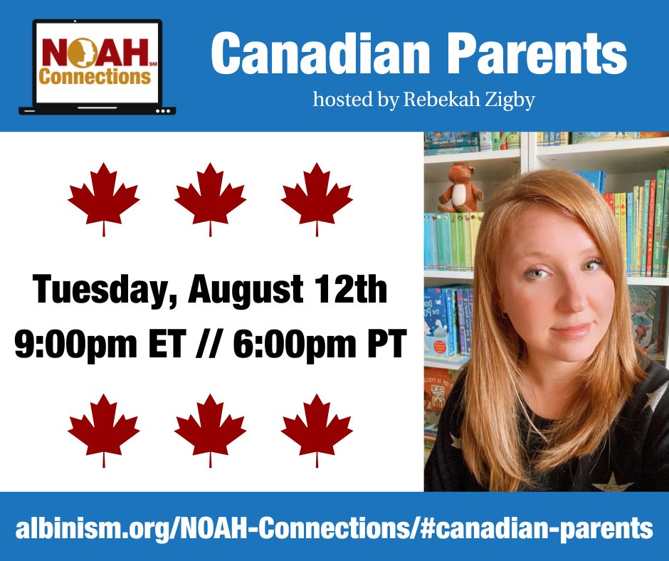 NOAHAlbinism's tweet image. Hey, Canadian parents - how long has it been since you've hung out with adults? Do you need a break from the kids? Catch up with the rest of the world and join us for Canadian Parent Connections on Tuesday 8/12 starting at 9pm ET // 6pm PT!
Sign up today: albinism.org/NOAH-Connectio…
