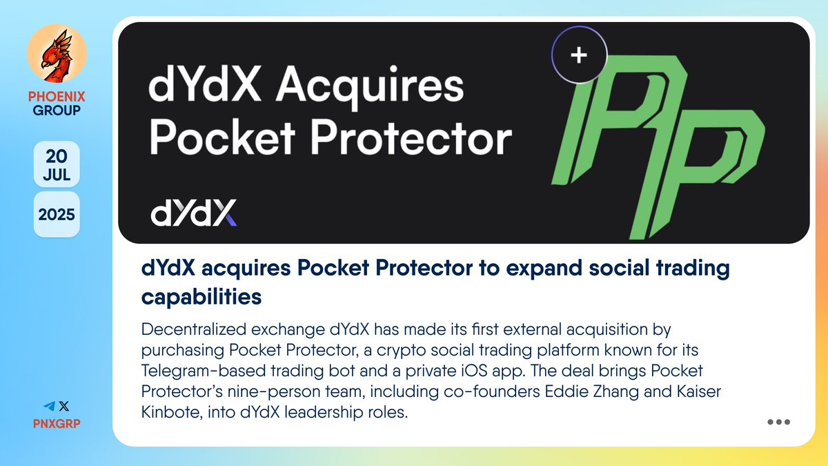 🔥 @dYdX acquires @pp_trading to expand social trading capabilities  Decentralized exchange #dYdX has made its first external acquisition by  purchasing #PocketProtector, a crypto social trading platform known for its  Telegram-based trading bot