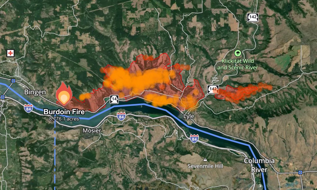 The_Weatherman2's tweet image. The #BurdoinFire is spreading rapidly on the Washington side of the Columbia River Gorge, up to 8,776 acres in under 48 hours. Conditions look ripe for continued rapid spread, with low humidity and winds gusting to 25-35 mph again. Take caution in the region. #wawx