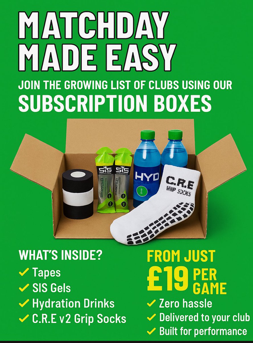 ChangingRoomEst's tweet image. join our ever-growing list of clubs using our matchday subscription boxes!
Everything your squad needs — delivered, ready to go:
✅ Tapes
✅ SIS gels
✅ Hydration drinks
✅ C.R.E v2 Grip Socks
from just £19 per game!
📦 Consistent quality. Zero hassle.
📲 DM us to get started!