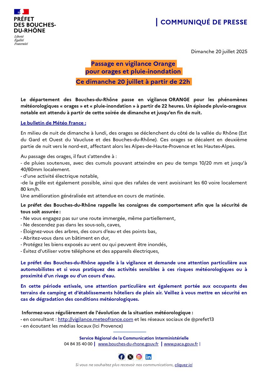 #MÉTÉO13 | 🟠Passage en vigilance ORANGE pour "orage" et "pluie-inondation"⚡️🌩️à partir de 22 heures ce dimanche 20 juillet.

⚠️ @prefet13 appelle à la vigilance de tous et demande une attention particulière aux automobilistes ainsi qu'aux occupants de terrains de camping et