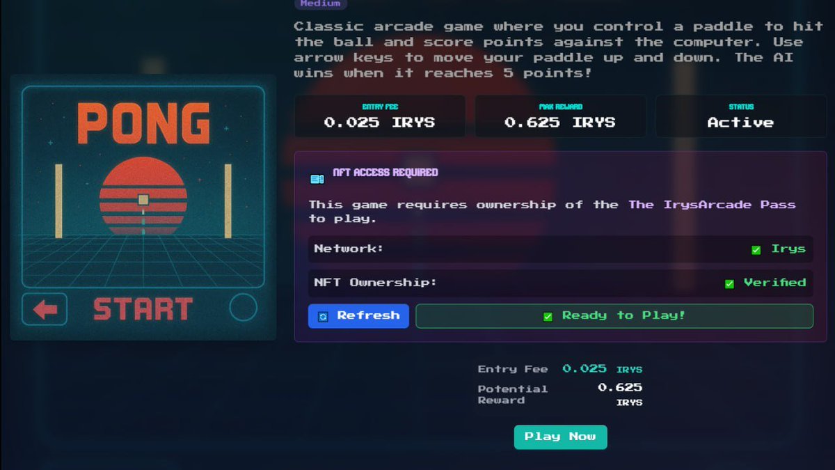 paradaisik_one's tweet image. 🕹️ New Game Drop on @irys_xyz  Arcade!
🏓 Ping Pong is LIVE — fast reflexes, quick hands, and big wins 👀
Challenge your friends or climb the leaderboard solo 💥
Play now on irys.xyz 🎮
#Irys #Web3Gaming #ArcadeFun