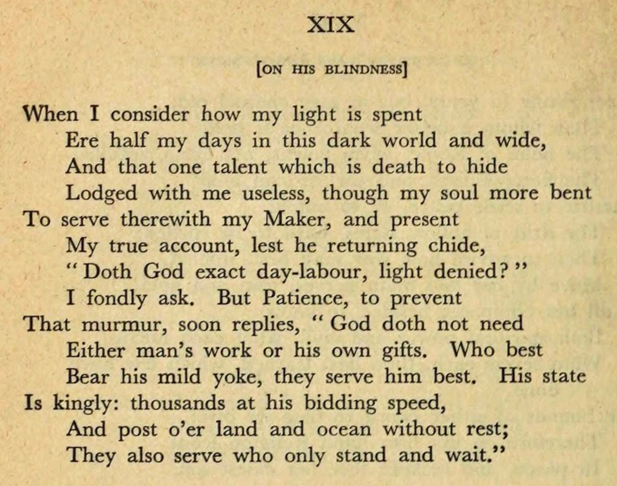 phillipcrymble's tweet image. For #disabilitypridemonth, and for Petrarch's birthday, an Italian sonnet nonpareil by the great John Milton. Notably, this is the first instance in all of Milton's poetry where his blindness is made explicit.
