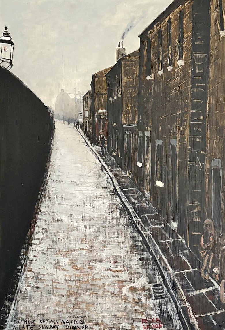 PennineThe's tweet image. Peter Brook’s early work portraying life in the towns of the industrial West Riding is often hard hitting with no hint of nostalgia. In ‘Father Returning Unsteadily for a Late Sunday Dinner’ the child in the doorway adds a poignancy to the painting. (For sale at Carnes Fine Art)