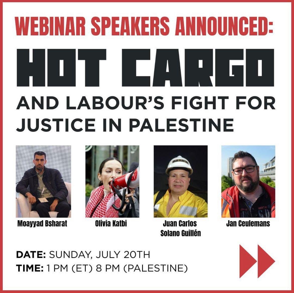 PalestineLabour's tweet image. 📣 *TODAY ⬇️: don’t miss it. Our panelists will share key insights on the growing workers’ solidarity movement w Palestine & importance of Hot Cargo declaration by unions. ➡️ *Register here:* us02web.zoom.us/webinar/regist…
