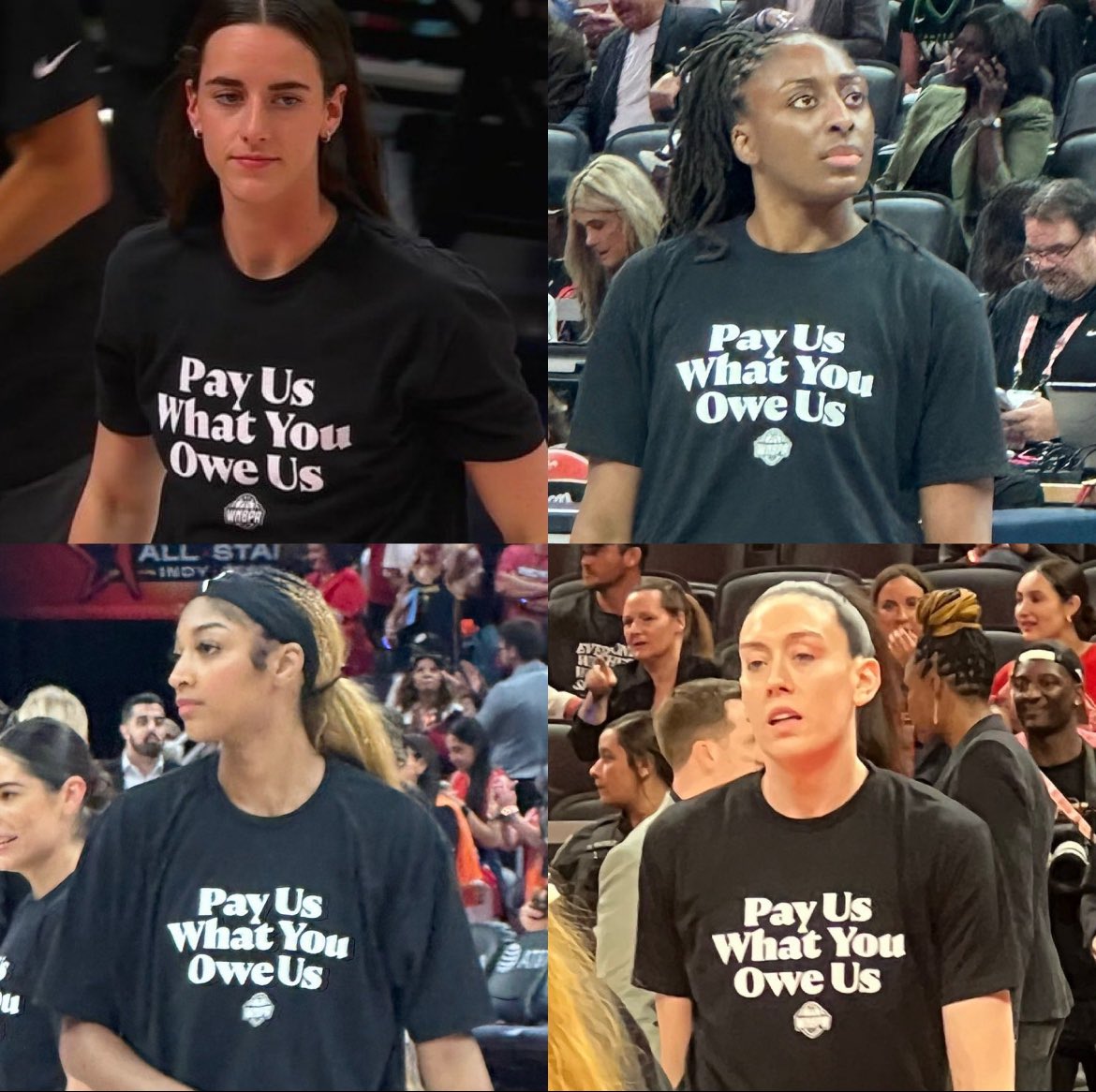 The only reason anyone watches the WNBA is because of the greatest hoop girl of all time, Caitlyn Clark. Her shirt should say “pay ME what I’m worth”. 

The WNBA has always been the red headed stepchild of the NBA.