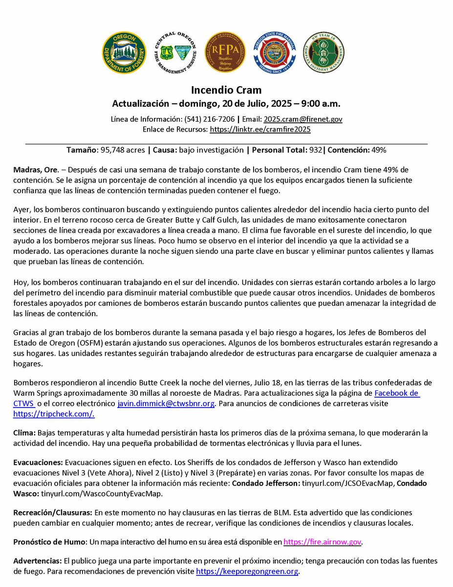 CentralORFire's tweet image. #CramFire Morning Update for July 20 is posted on Inciweb at inciweb.wildfire.gov/incident-publi…
