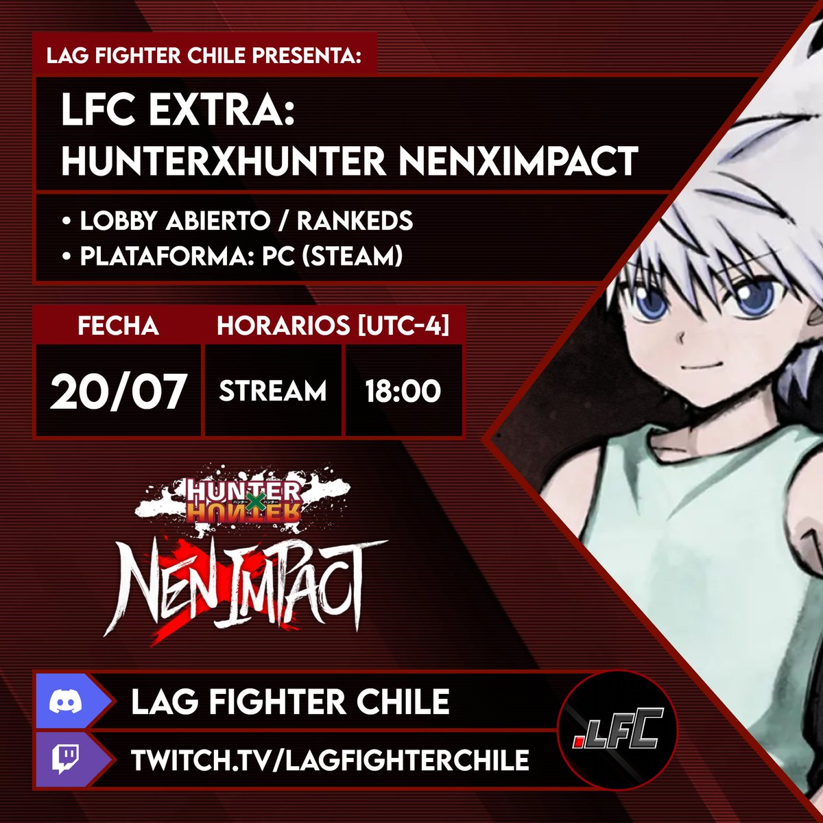 lagfightercl's tweet image. Hoy a partir de las 18:00 (UTC-4) toca seguir jugando HUNTERxHUNTER NENxIMPACT en esta edición del LFC Extra.
La idea será seguir jugando partidas online en lobby o desde las rankeds mientras trato de sacar combos, los invito a que se pasen por el stream ✌