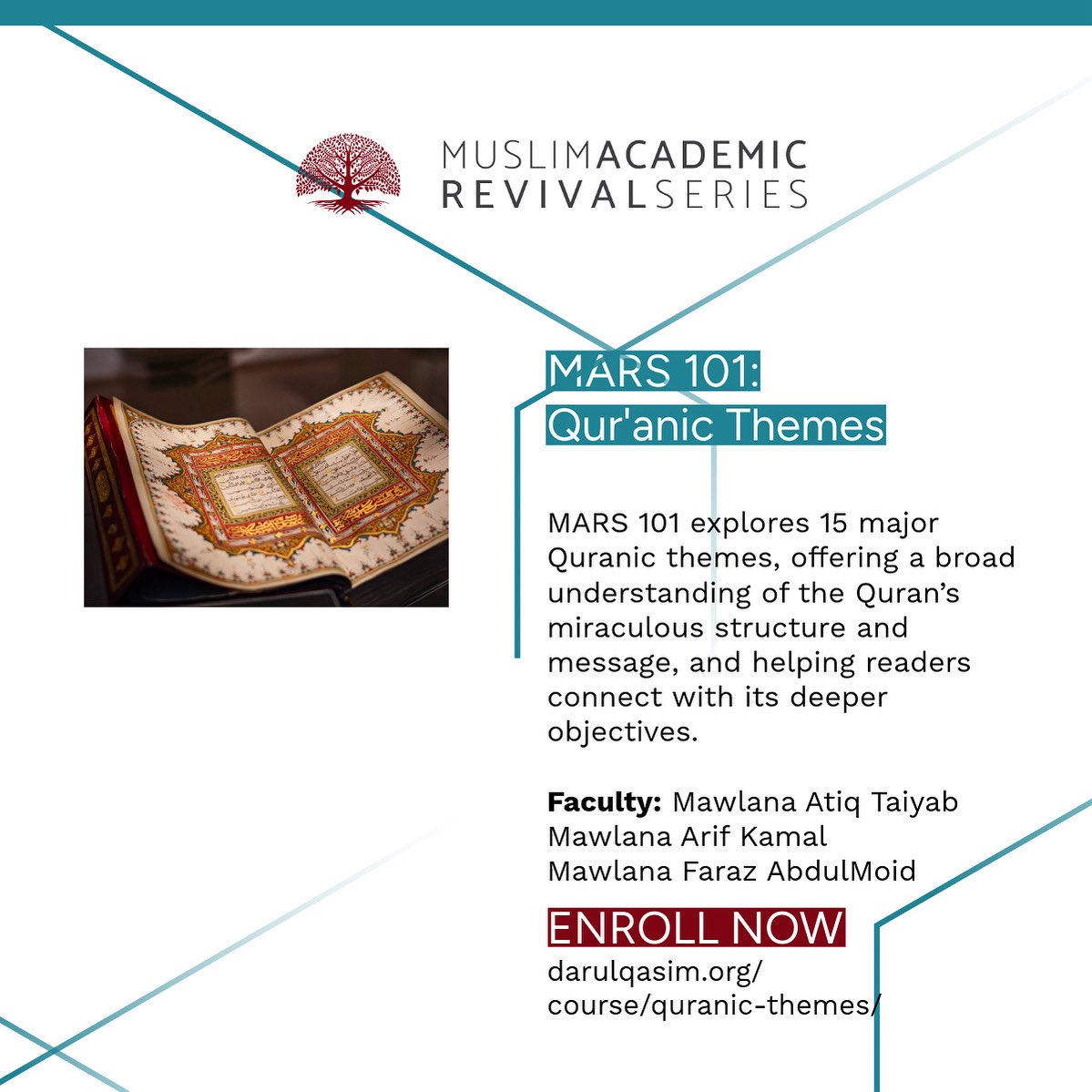 Quranic Themes - Fall 2025

Explore 15 major Qur’anic themes in this 10-week online course. Build a deeper connection with the Qur’an’s structure, beliefs, and guidance.

No Prerequisites. No homework. Flexible time slots! 

🌍 Intl. students get 50% off discount
🗓️ Apply by