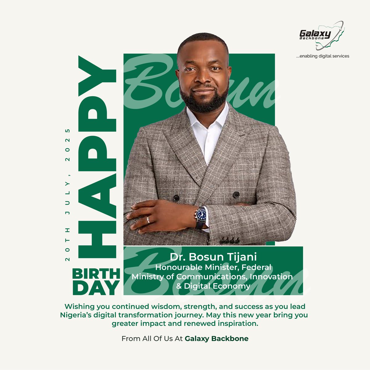 Galaxybackbone's tweet image. We celebrate today, our Honourable Minister @FMCIDENigeria , Dr. Bosun Tijani @bosuntijani
A very happy birthday to you from all of us @Galaxybackbone
@OlumbeAKinkugbe @IbrahimAdeyanju