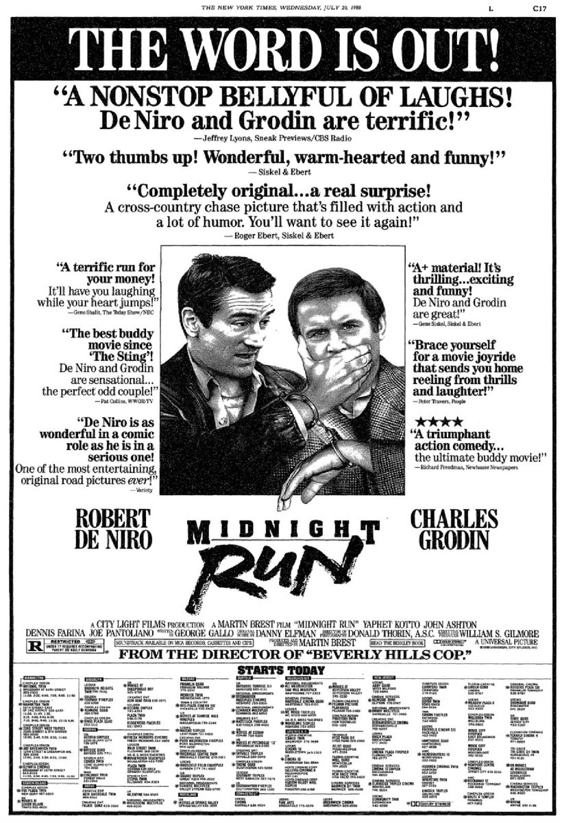 PeterAPeel's tweet image. Opening day of MIDNIGHT RUN, 7/20/88