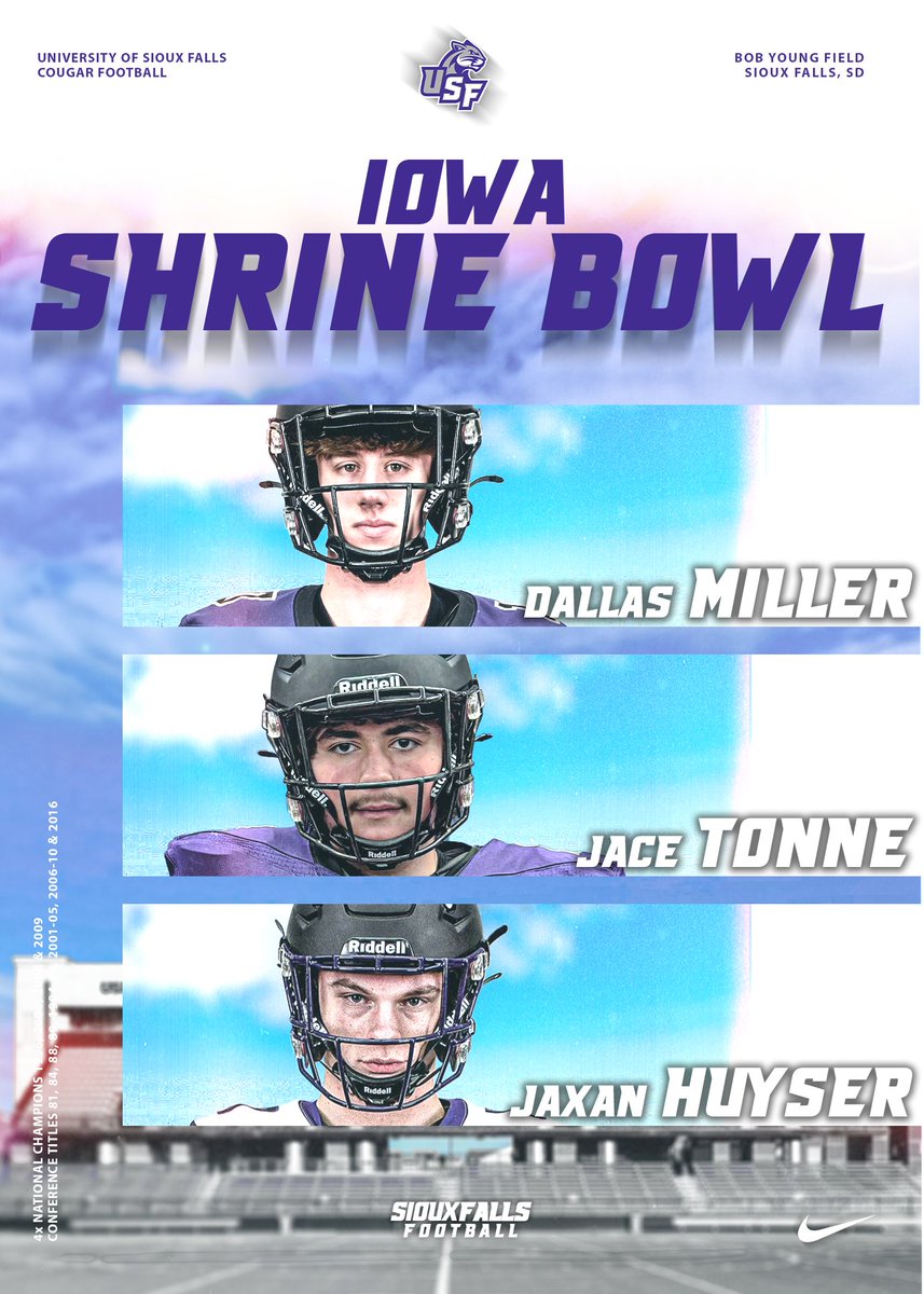 USF Football (@usfcougarsfb) on Twitter photo Congratulations to the Cougars who competed in the Iowa Shrine Bowl! <a href="/dallas_miller99/">Dallas Miller</a> <a href="/Thebigjc06/">Jace Tonne</a> and <a href="/JaxanHuyser/">Jaxan Huyser</a>!
#WinnersWin Congratulations to the Cougars who competed in the Iowa Shrine Bowl! <a href="/dallas_miller99/">Dallas Miller</a> <a href="/Thebigjc06/">Jace Tonne</a> and <a href="/JaxanHuyser/">Jaxan Huyser</a>!
#WinnersWin
