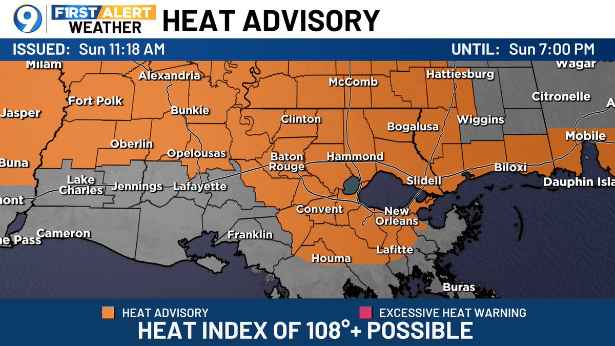SteveWAFB's tweet image. A Heat Advisory has been posted for the areas in orange. Heat index values could reach/exceed 108 degrees. More >> wafb.com/weather?utm_me… #LAwx