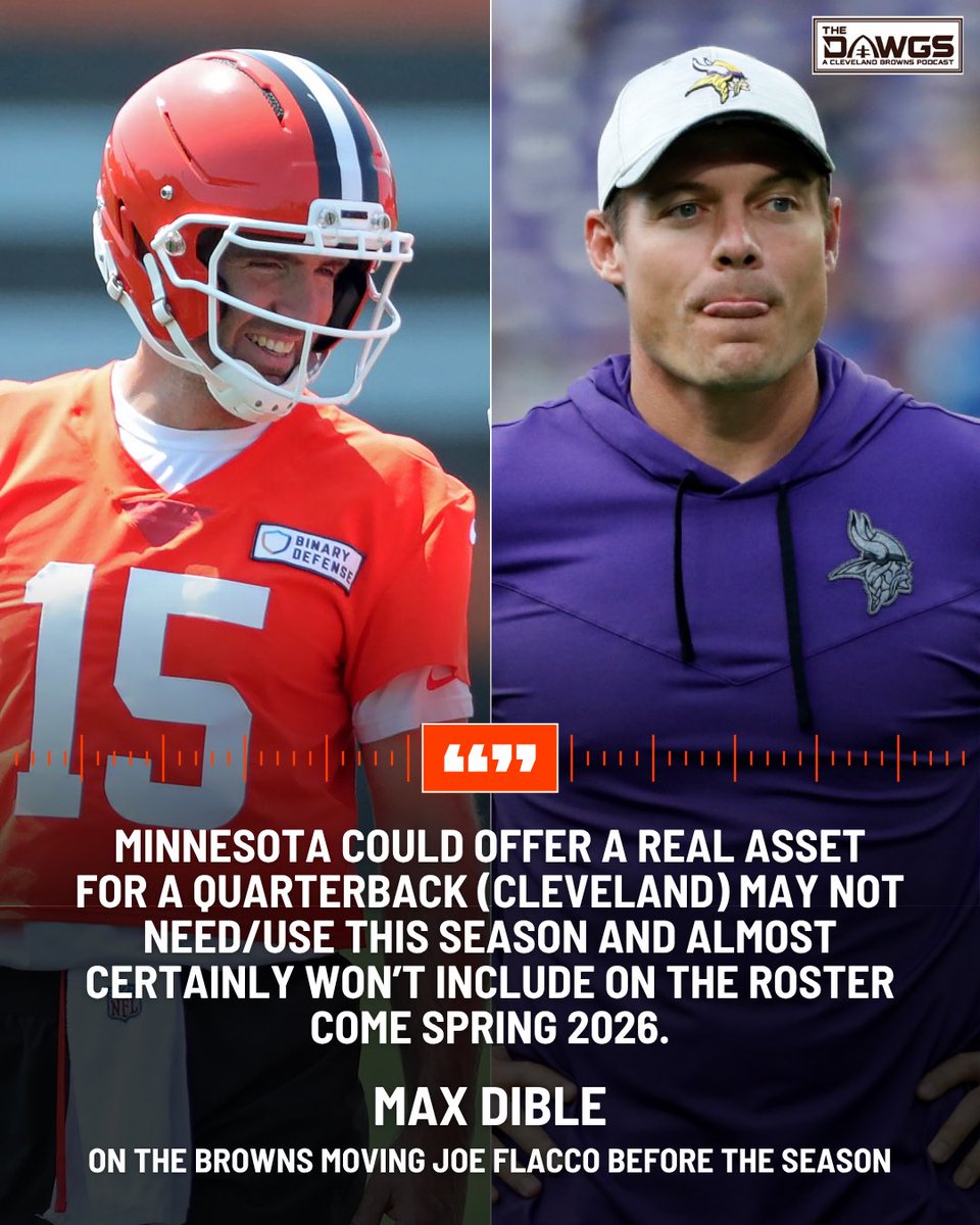 thedawgspodcast's tweet image. Should the Browns and Vikings consider a trade for Joe Flacco? Bleacher Report’s Matt Holder suggested the Browns trade Flacco for draft capital, and Heavy.com’s Max Dible believes Minnesota would be an ideal trade partner.
“Minnesota could offer a Day-3 pick that…