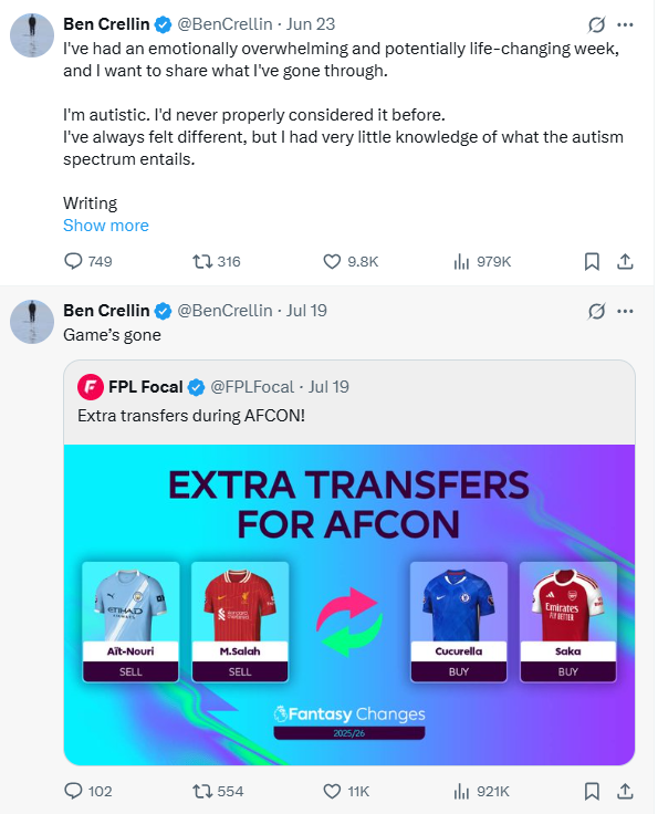 BenCrellin's tweet image. I find it funny that I've sent 2 of my top 3 most-liked tweets this summer and they couldn't be more different
974 words vs 2 words